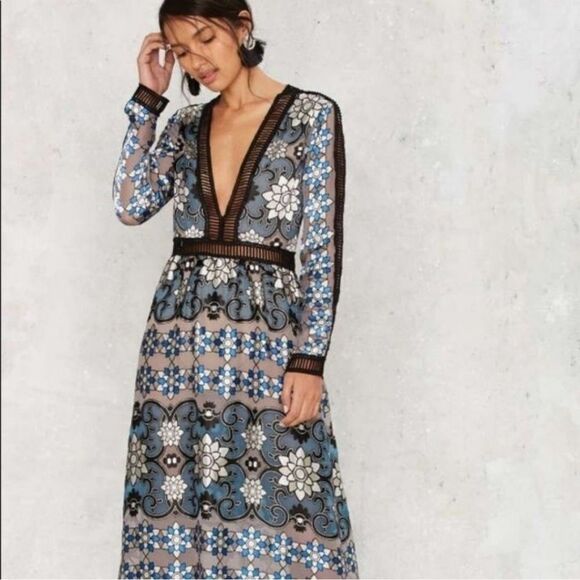NWT‎ For Love & Lemons Juliet Floral  Lattice Trim A-line Semi Sheer Maxi Dress - Picture 7 of 15